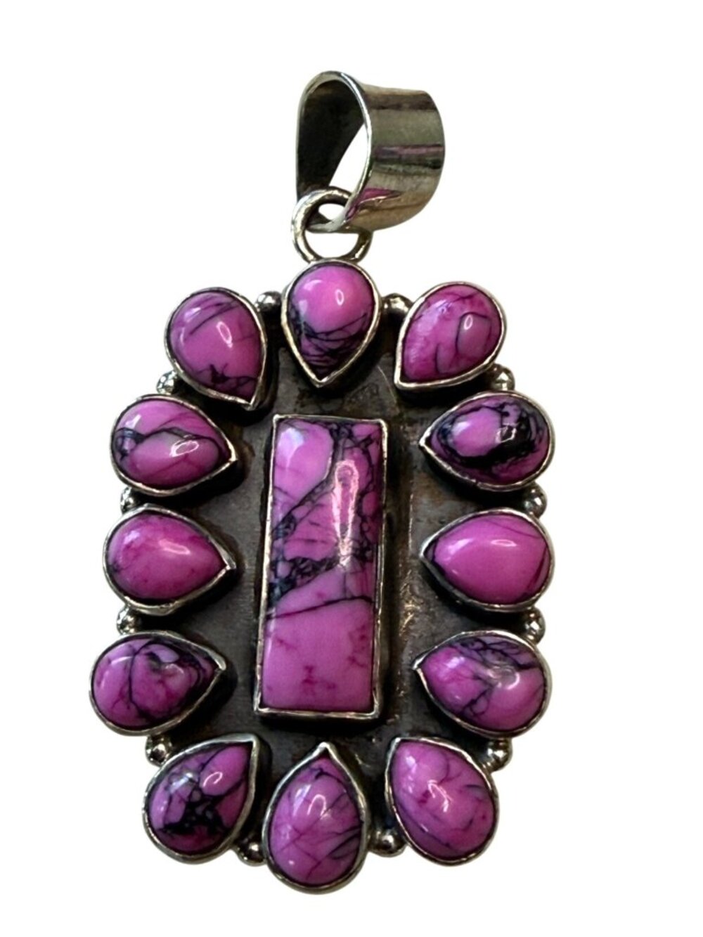 2 Inch Sterling Silver Pendant With Cherry Blossom Dahlia Turquoise Stones